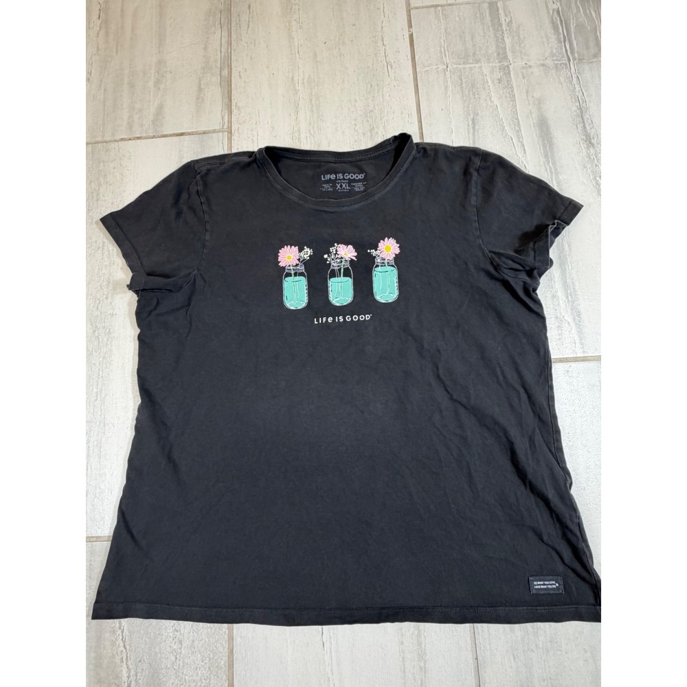 Life is Good Mens XXL‎ Crusher Tee Black Mason Jar Daisy Graphic T-Shirt